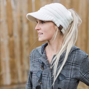 C.C. Pony tail beanie toque with brim white